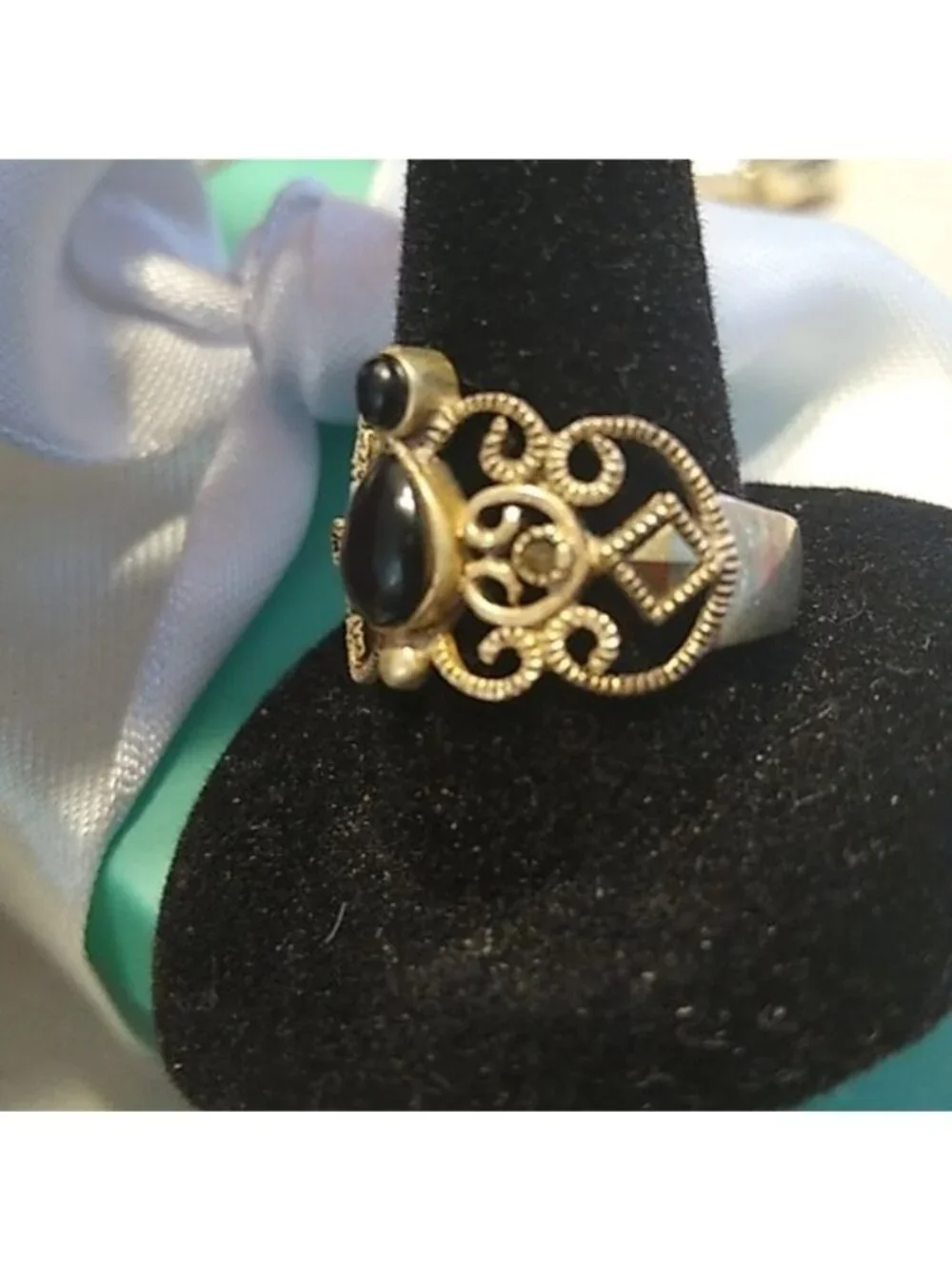 Sterling Silver Onyx + Marcasite Ring, Size 6.5